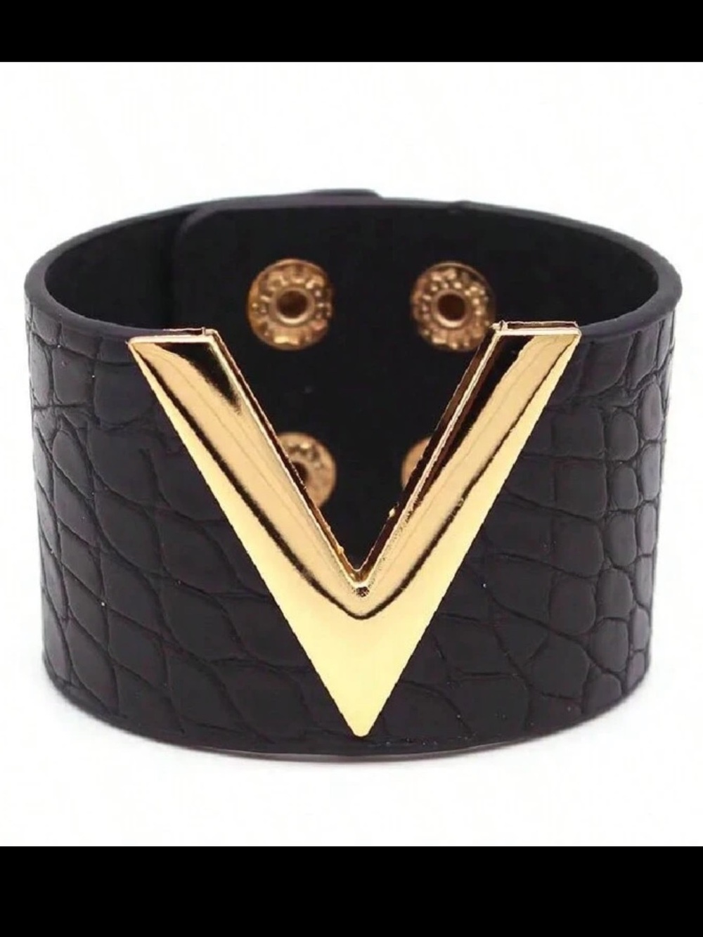 Black Croc-Texture Leather Cuff Bracelet with Gold V Accent